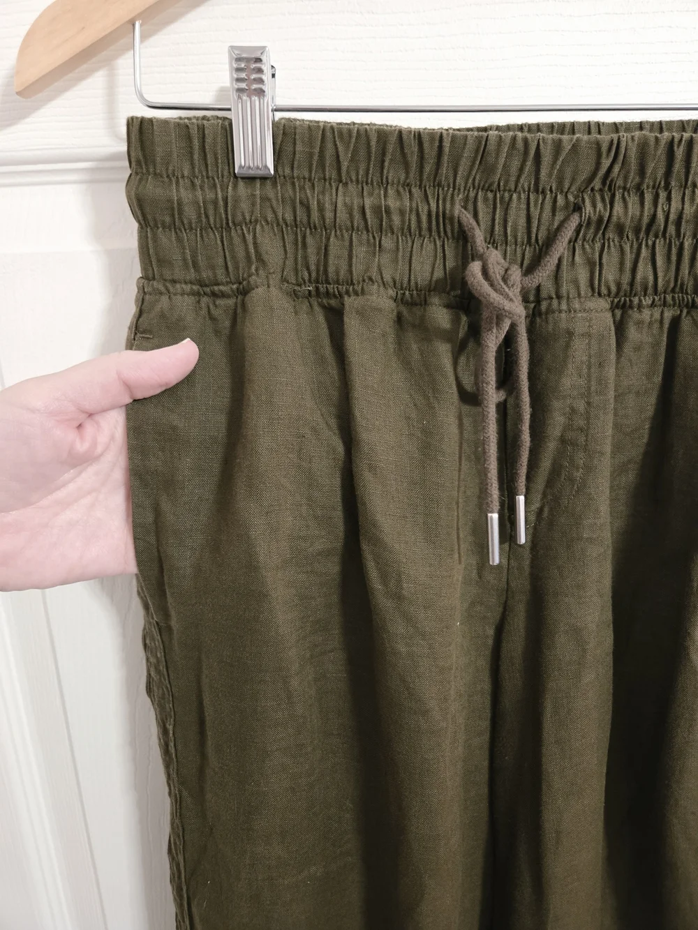 Quince Women's Olive Green Linen Elastic Waist Wide-Leg Pants Size Small